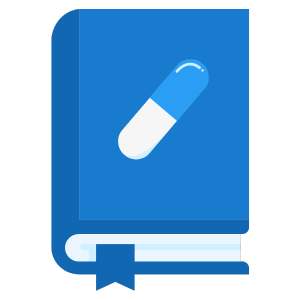 Resource library icon. A book with an image of a pill on the cover.